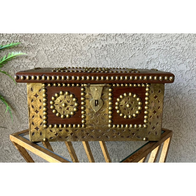 Mid 20th‑Century Spanish Colonial-Style Hand Hewn Walnut Wood & Brass Accent Box For Sale - Image 18 of 18