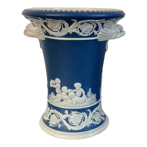 Antique Early 19th Century Spode Jasperware Pottery Vase With Classical Sprigging and Dolphin Handles