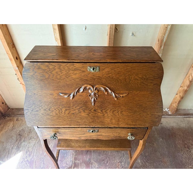 Antique Rococo Style Oak Drop Front Writing Desk For Sale - Image 4 of 18