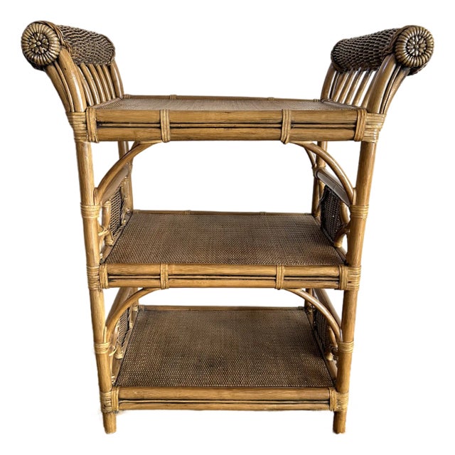 Vintage British Colonial Rattan, Wicker & Cane Etagere Shelf With Leather Bindings For Sale
