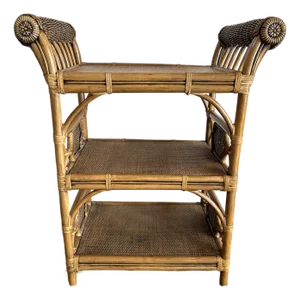 Vintage British Colonial Rattan, Wicker & Cane Etagere Shelf With Leather Bindings