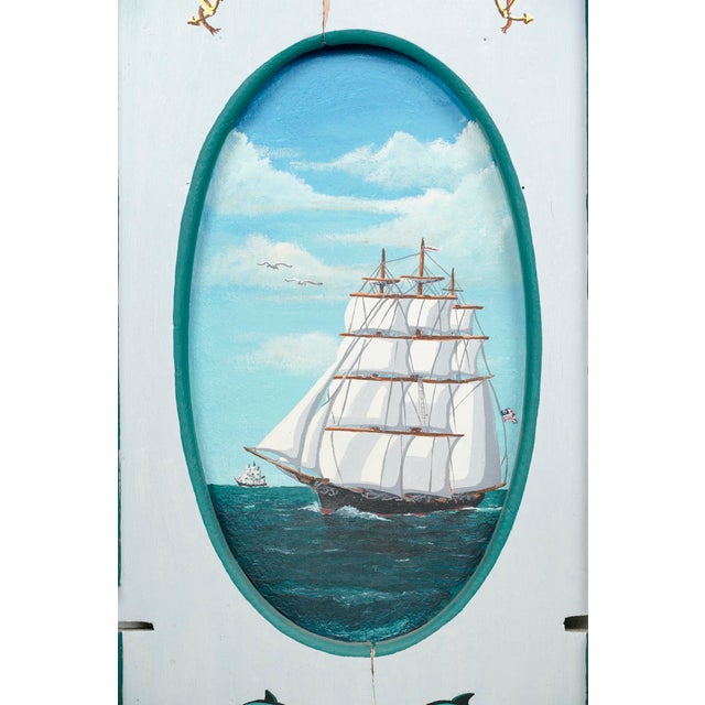Late 20th Century Pair of Hand Painted Sailboat White & Blue Wood Wall Art Pieces For Sale - Image 4 of 16