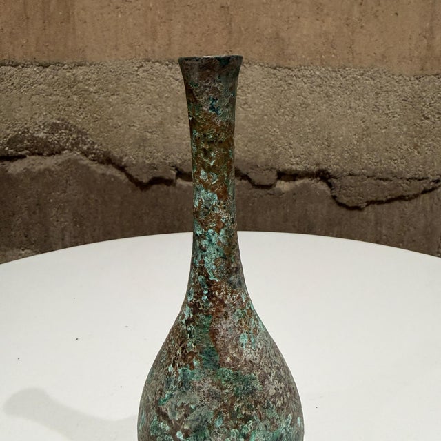 For your consideration, a vintage Japanese bronze bud vase featuring a textured greenish-blue verdigris patina. Typically...
