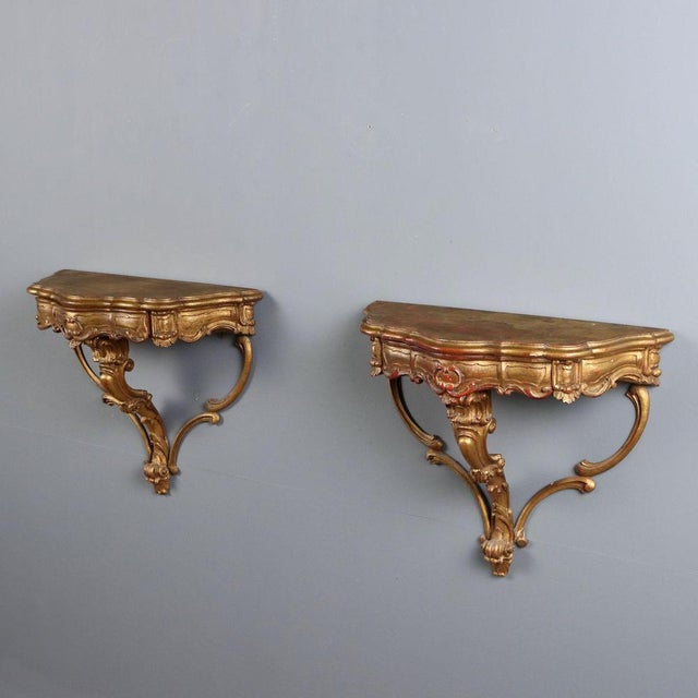 Italian Drop-Shaped Gilded Wood Wall Console Tables, Set of 2 For Sale - Image 12 of 12