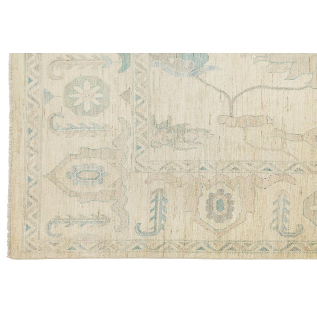 Modern Oushak Style Hand-Knotted Wool Area Rug in Neutral Beige & Soft Teal For Sale In New York - Image 6 of 12