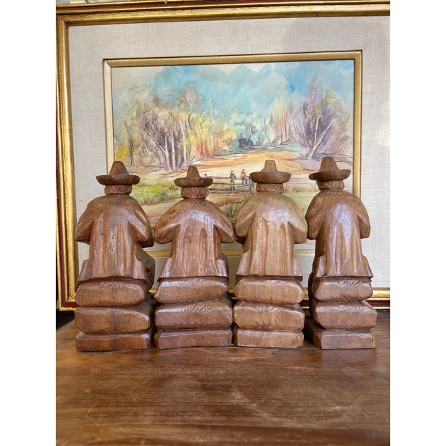 Brown Vintage Hand-Carved Wood Folk Art Musician Figurines, Set of 4 Seated Players For Sale - Image 8 of 11