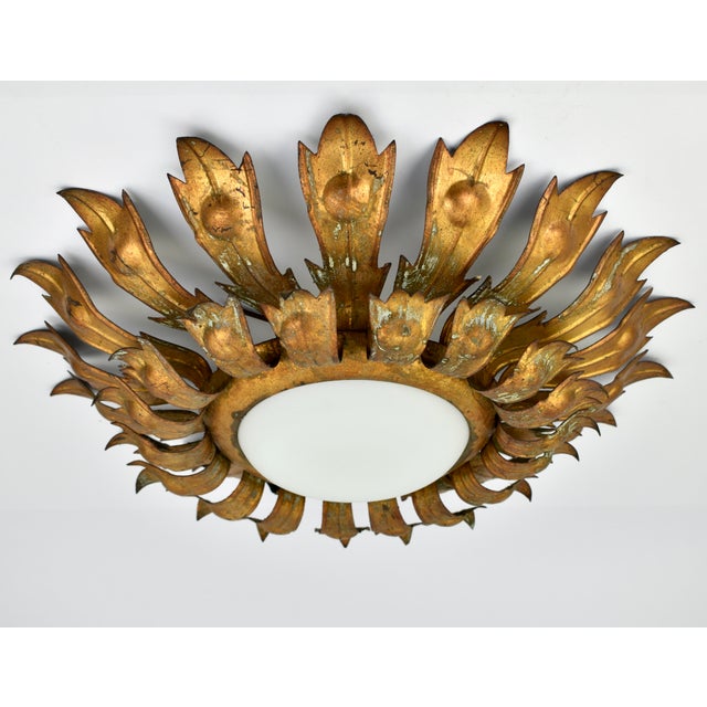 Spanish 1950s Mid Century Gilded Spanish Sunburst Flush Mount With Green Patina For Sale - Image 3 of 13