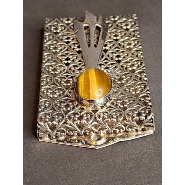 Metal Vintage Israel Sterling Silver 925 Filigree Mezuzah Case Tiger's Eye Stone Judaica For Sale - Image 7 of 18