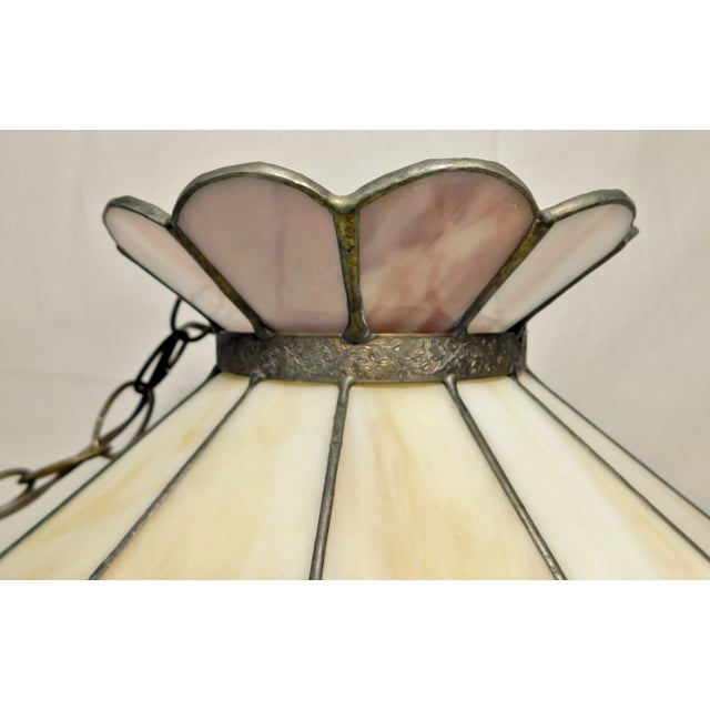 Metal Vintage C1970s Signed Yellow Caramel & Purple Lilac Swirl Slag Glass Floral Pendant Light Chandelier For Sale - Image 7 of 12