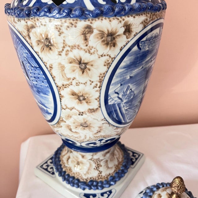 1980s Beautiful huge Maitland Smith blue and white scenic urn with lid and brass acorn finial // sepia flowers // hand-painted // Made in Thailand For Sale In Kansas City - Image 6 of 10