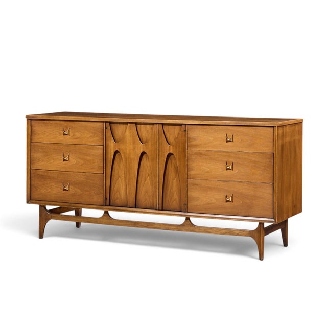 Mid-Century Modern Broyhill Brasilia Mid Century Walnut and Brass 9 Drawer Lowboy Dresser For Sale - Image 3 of 9