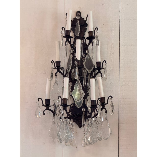 Metal Pair of 1950s Bronze and Crystal Sconces For Sale - Image 7 of 9