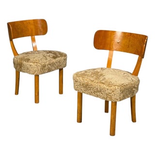 Axel Einar Hjorth, Rare Birka Chairs, Birch, Honey Sheepskin, Sweden, 1930s For Sale