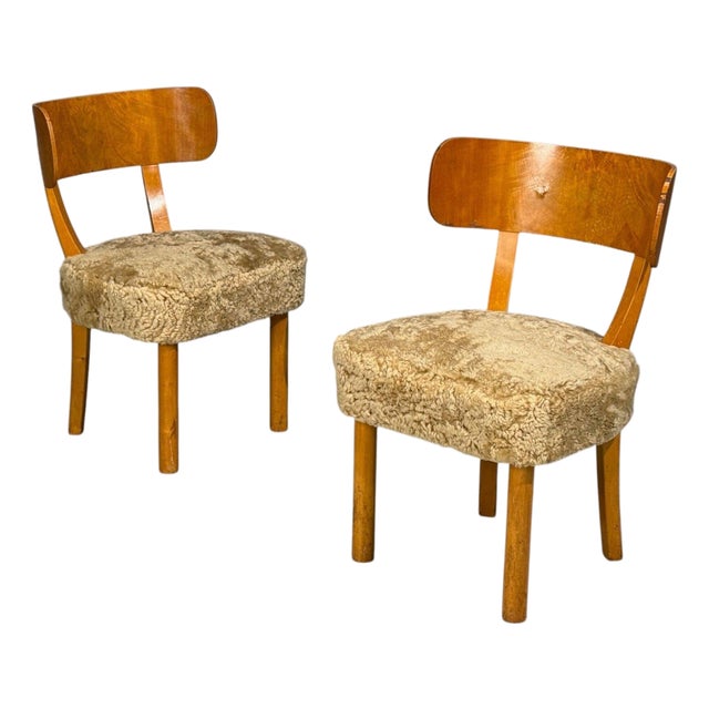 Axel Einar Hjorth, Rare Birka Chairs, Birch, Honey Sheepskin, Sweden, 1930s For Sale