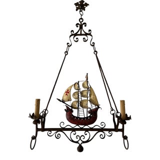 Italian Nautical Ship Boat Spanish Galleon Chandelier Wrought Iron C 1930 For Sale
