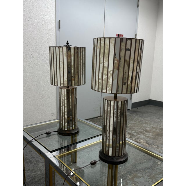 Late 20th Century Ken Fulk Art Deco Inspired Antiqued Mirrored + Bronze-Tone Metal Table Lamps, Pair For Sale - Image 5 of 12