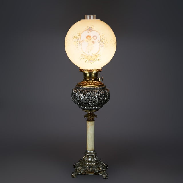 Antique Victorian Onyx, Gilt & Silvered Metal Figural Cherub Parlor Lamp 1890 For Sale - Image 6 of 12