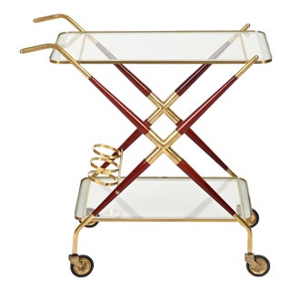 Brass and Burgundy Lacquered Wood Bar Cart by Cesare Lacca, Italy, 1950s For Sale
