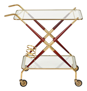 Brass and Burgundy Lacquered Wood Bar Cart by Cesare Lacca, Italy, 1950s