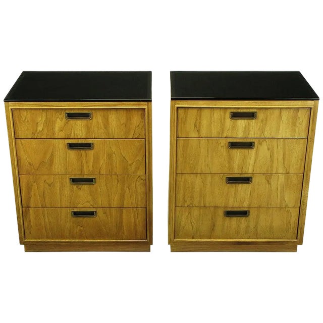 Ash and Black Glass Four-Drawer Commodes - a Pair For Sale