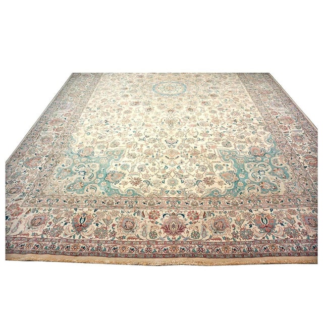 Antique Persian Tabriz Pahlavi Wool 12x18 Ivory, Pink & Teal Handmade Area Rug #9902227 For Sale In Houston - Image 6 of 15