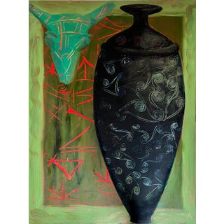 Fauvist Still Life Green Blue Contemporary Oil Painting, "Earth and Fire, Blue Vase" For Sale