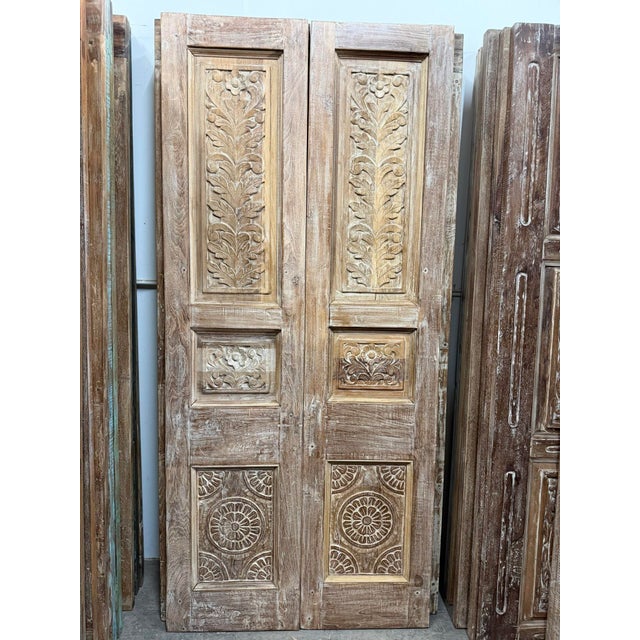 Antique Floral Carved Pantry Doors | Rustic Farmhouse Double Doors | Hand-Carved Wood Hinged or Sliding Entry For Sale - Image 4 of 7