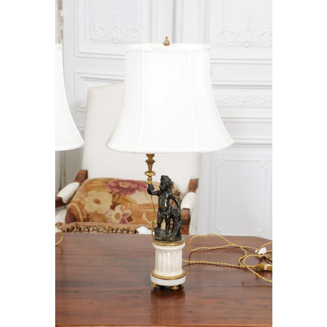 Bronze French 19th Century Neoclassical Style Marble and Bronze Putti Lamps - A Pair For Sale - Image 8 of 13