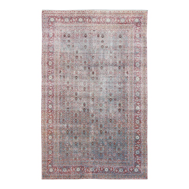 Early 20th Century Antique Persian Tabriz Rug With All-Over Geometric Design in Light Blue and Rose Red For Sale