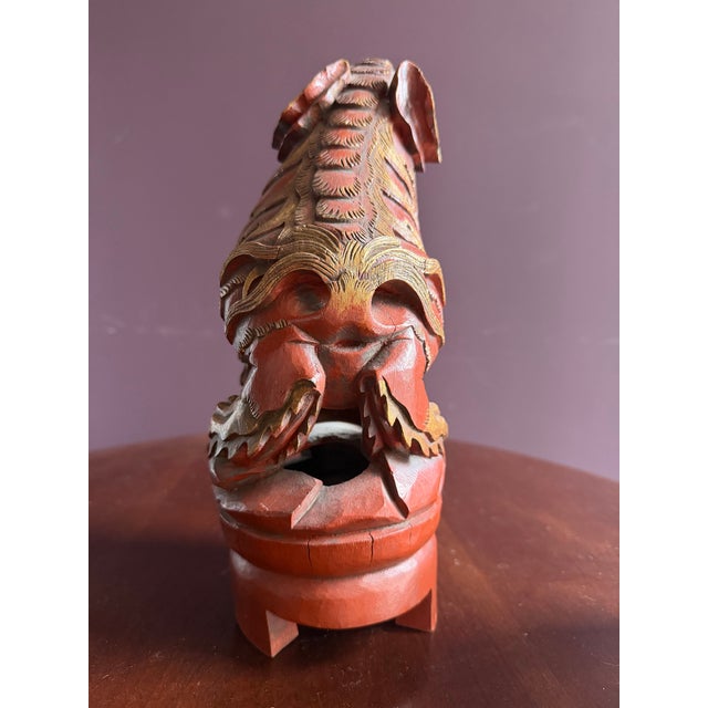 Chinese Chinese Very Unusual and Rare Carved Wood Foo Dog /Dragon Sculpture Sang De Boeuf Red With Gold Highlighting. For Sale - Image 3 of 10