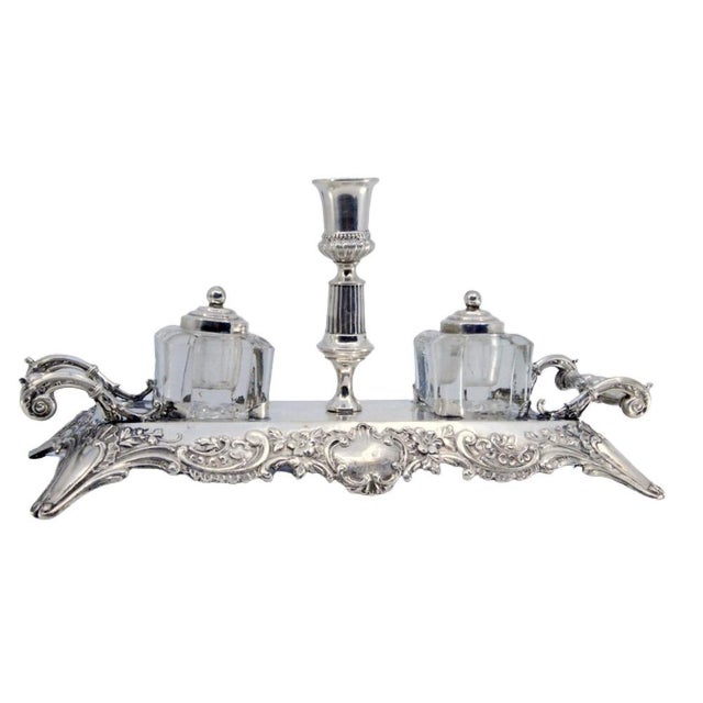 Silver and Glass Inkwell with Silver Lids and Embossed Side Handles For Sale - Image 9 of 9