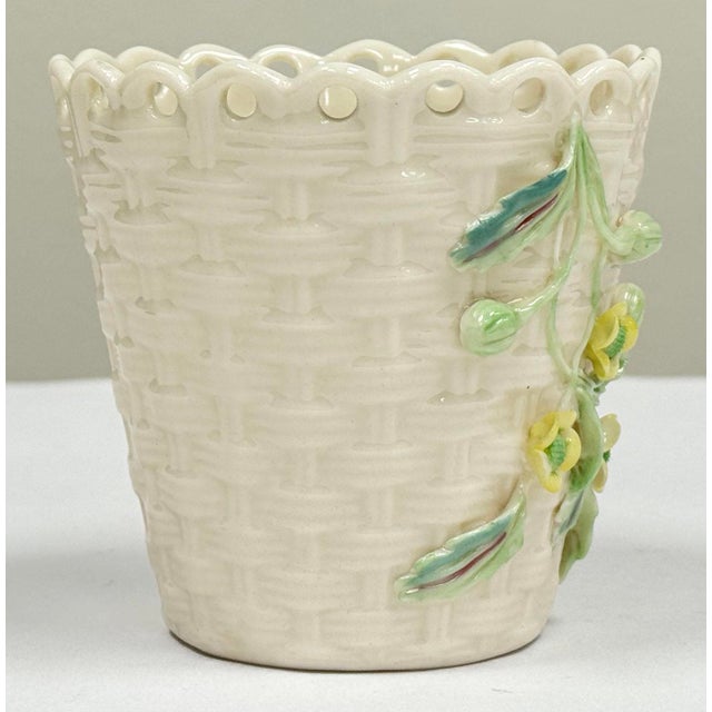 Mid 20th Century Vintage Belleek Ireland Porcelain Floral Basketweave Motif Spill Vase For Sale - Image 5 of 8