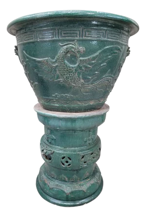 Antique Green Glazed Planter Pot Vase From Guangdong Province With Stand