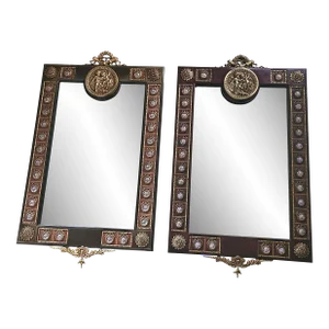 20th Century Mariner Louis XV Marquetry Ormolu & Porcelain Inset Mirrors, a Pair