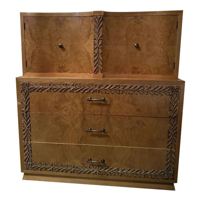 Stunning and Very Rare Hand Carved 1950's Bird's Eye Maple Tall Dresser For Sale