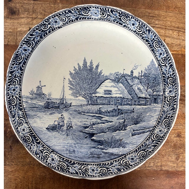 Mid Twentieth Century Oversized Blue and White Delft Charger Made in Belgium For Sale - Image 6 of 6
