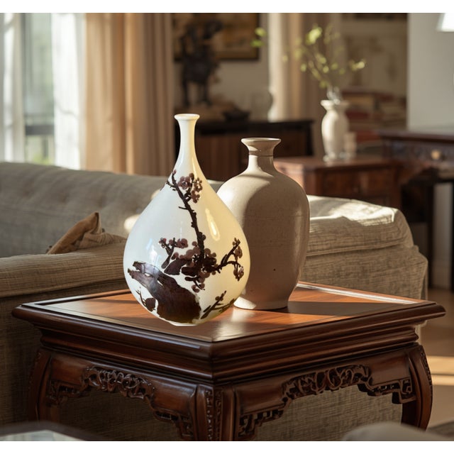 Mid-Century Asian White Pottery Bottle Vase With Brown Plum Blossoms For Sale - Image 11 of 17