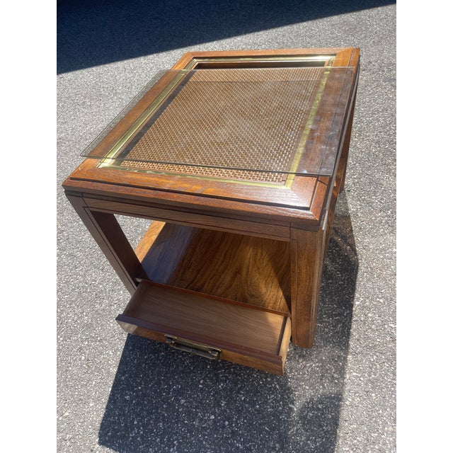 Mid-Century Modern 1990s Pair of Bassett Cane Glass Top End Tables For Sale - Image 3 of 9
