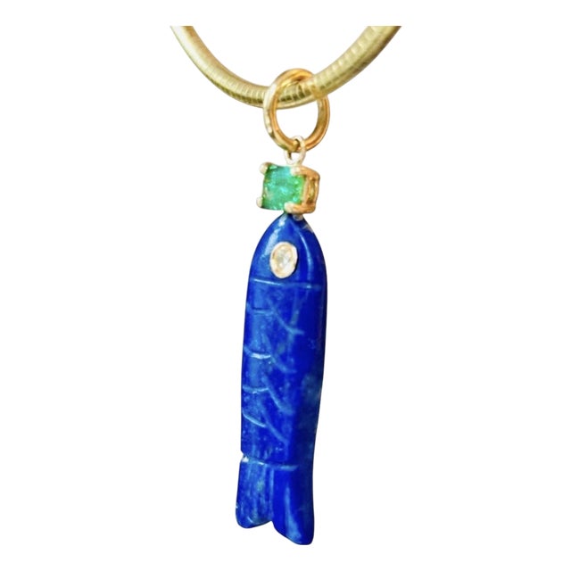 Perfect Poisson Lapis Pendant With Emerald, Diamond & 14k Gold For Sale