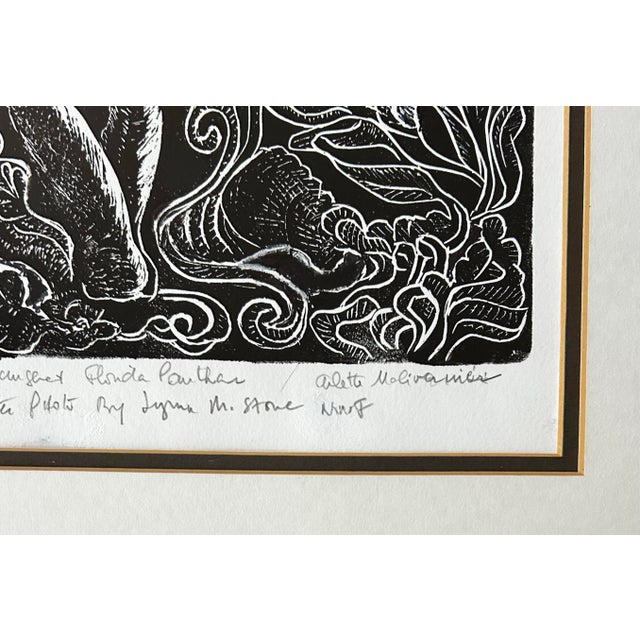 Printmaking Materials Vintage Impressionist Woodcut Print of Florida Panther in Wood Frame For Sale - Image 7 of 8