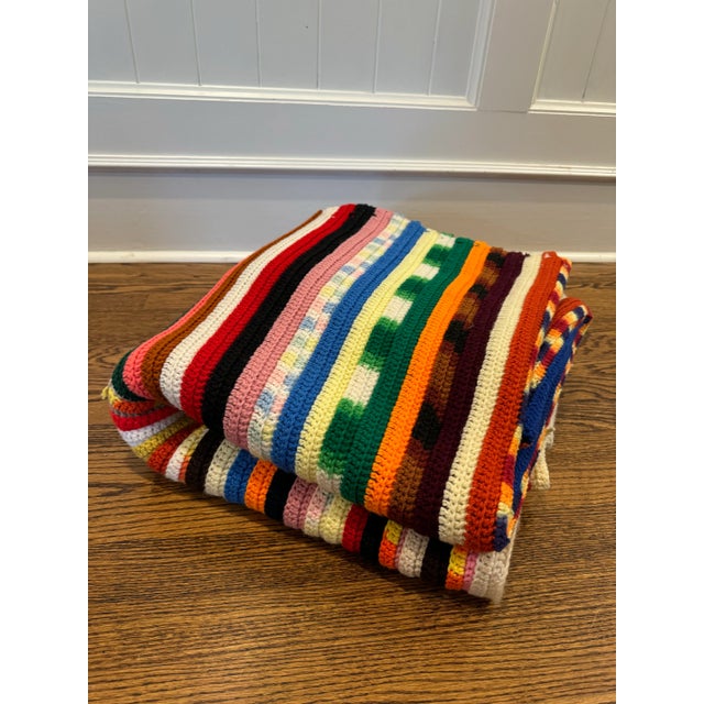 Mid 20th Century Mid 20th Century Hand Crocheted Large Rainbow Afghan Blanket For Sale - Image 5 of 11