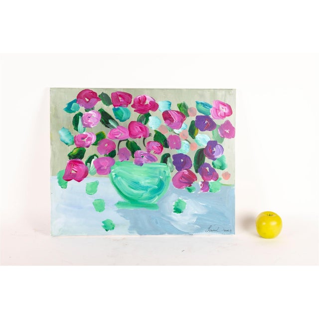 An original acrylic on canvas by North Carolina artist Laura Davis, titled “Violet Roses in Vase.” A colorful floral still...