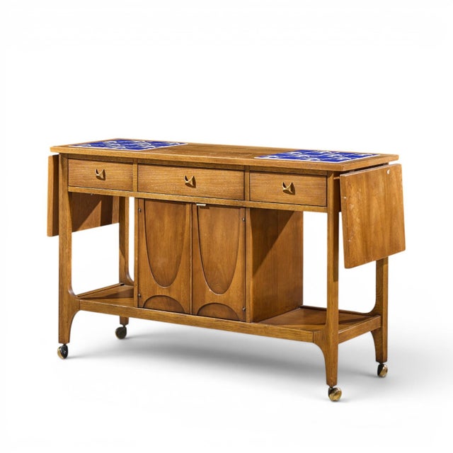Mid-Century Modern Broyhill Brasilia Mid Century Walnut Bird Tiles Bar Cart For Sale - Image 3 of 12