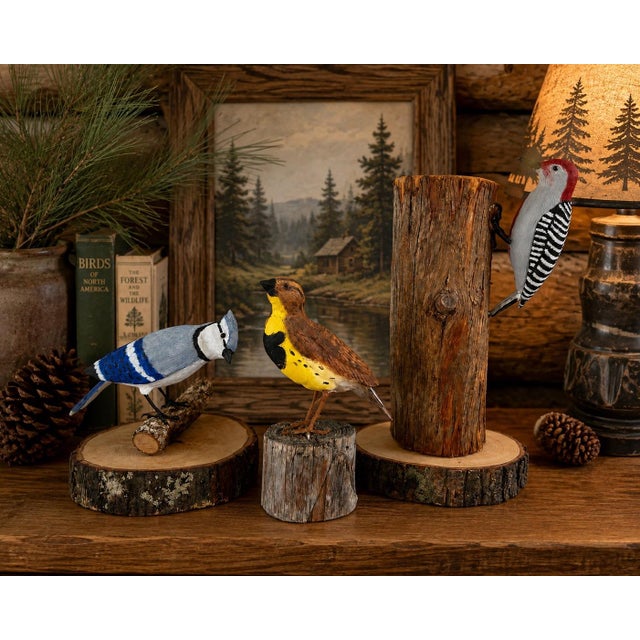 Charming vintage set of three hand-carved and hand-painted wooden bird sculptures depicting a Blue Jay, woodpecker, and...
