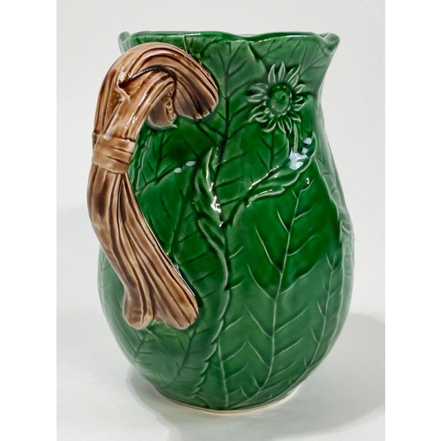 Ceramic Vintage Majolica Style Green Leaf Motif Pitcher For Sale - Image 7 of 11