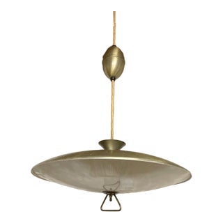 Vintage MCM 18" Brass Pull-Down Saucer Pendant Light For Sale