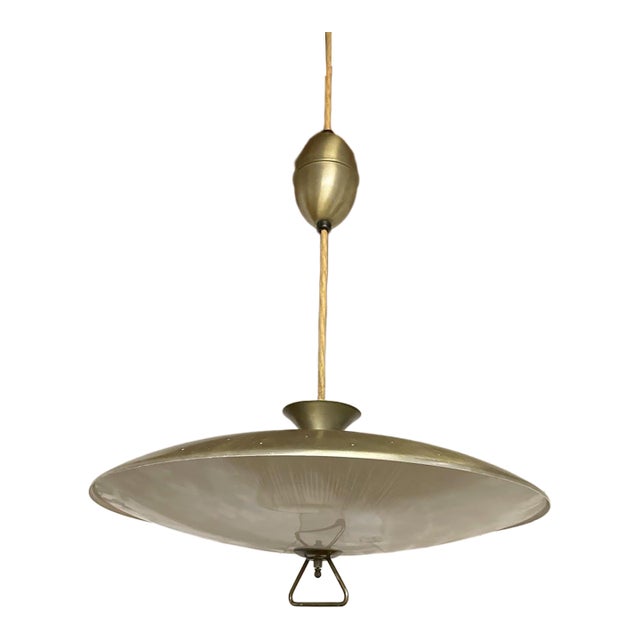 Vintage MCM 18" Brass Pull-Down Saucer Pendant Light For Sale