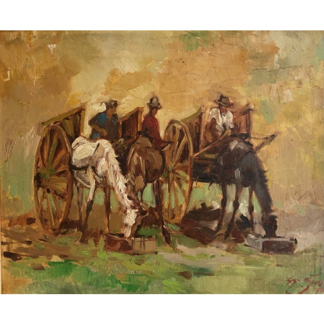 Gùo, Paysans et chevaux avec charrettes dans un champs, Oil on Cardboard, Framed For Sale - Image 12 of 12