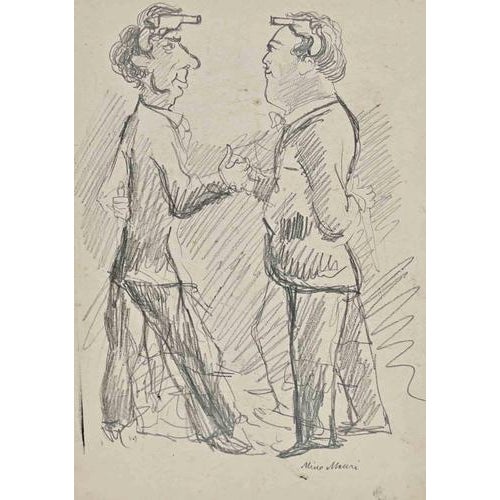 Pencil on paper. A spirited and incisive drawing by Mino Maccari, executed in pencil, depicting two male figures engaged...