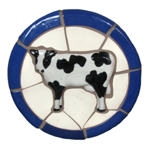 1970s Hogan Young Signed Cow Mosaic Tile Wall Art – 11" Round Blue Rim Farmhouse Kitchen Decor